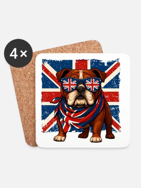 British Bulldog with Union Jack Sunglasses - Coasters (set of 4) - white