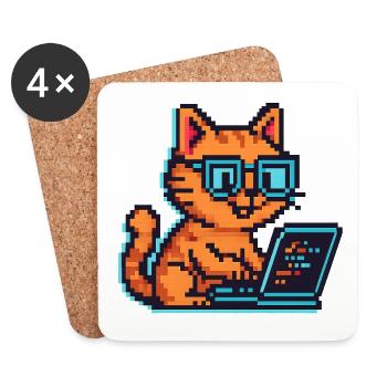 Pixel cats with laptop and glasses - Coasters (set of 4) - white - Front