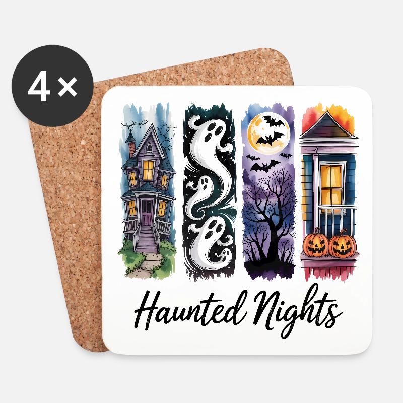 Spuknächte Gruselige Halloween-Häuser & Geister - Untersetzer (4er-Set) - Weiß