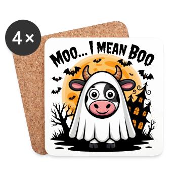 Vache en costume de fantôme "Moo... Je veux dire Boo" - Dessous de verre (lot de 4) - blanc - Devant