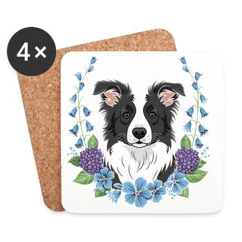 Süßer Border Collie mit floralem Rahmen - Untersetzer (4er-Set) - Weiß - Vorne