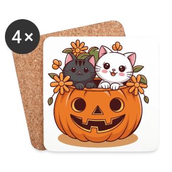 Motif d'Halloween avec des chats dans une tête de citrouille - Dessous de verre (lot de 4) - blanc - Devant