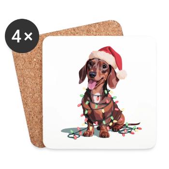 Dackel mit Weihnachtslichtern und Santa-Hut - Untersetzer (4er-Set) - Weiß - Vorne