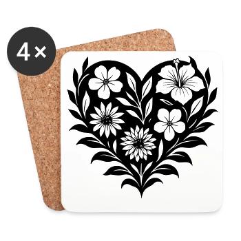 Flower Heart - Floral Heart on Black - Coasters (set of 4) - white - Front