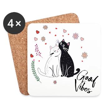 Verspielte Katzen mit Herzen und Blumen - Untersetzer (4er-Set) - Weiß - Vorne