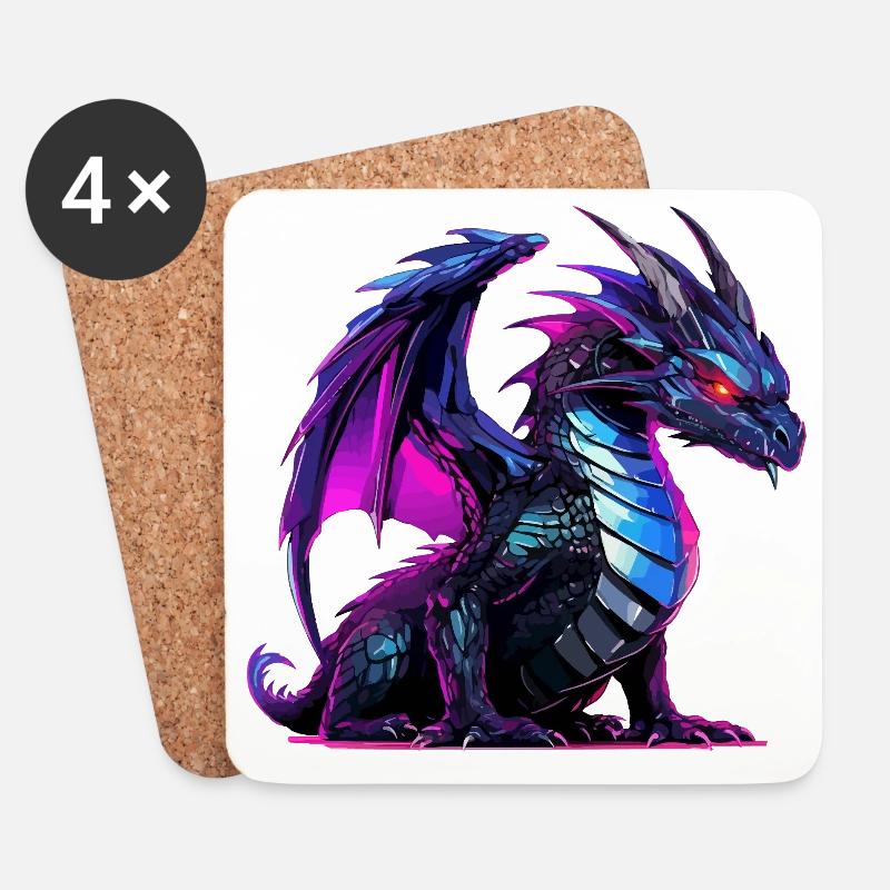 Neon-Drachen Illustration auf Schwarz - Untersetzer (4er-Set) - Weiß