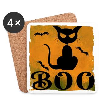 T-shirt d’Halloween avec texte chat et boo - Dessous de verre (lot de 4) - blanc - Devant