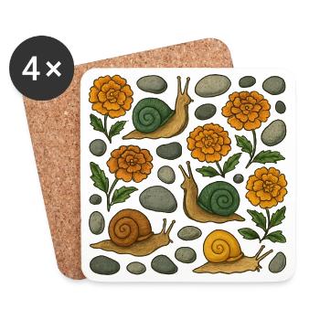 Whimsical Snails and Marigolds Pattern - Coasters (set of 4) - white - Front