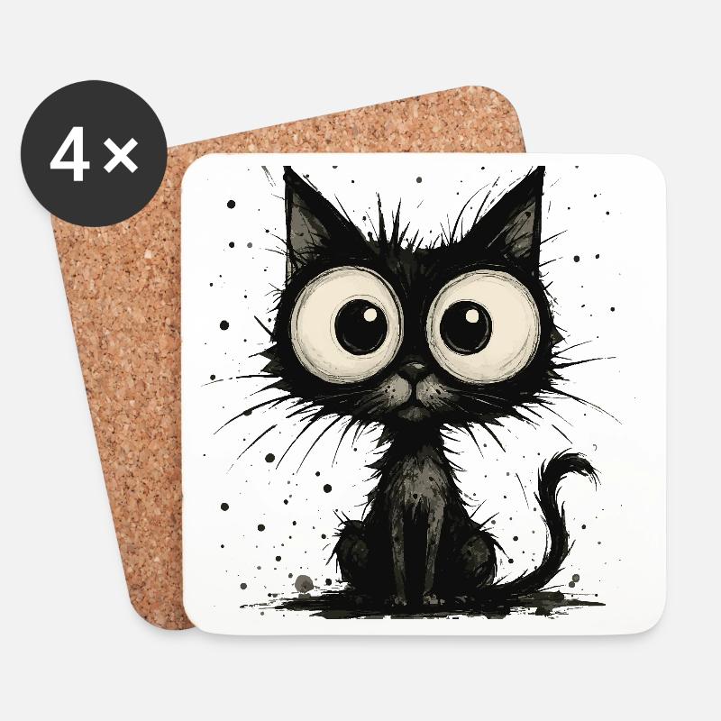 Drôle de chat noir avec de grands yeux – splash - Dessous de verre (lot de 4) - blanc