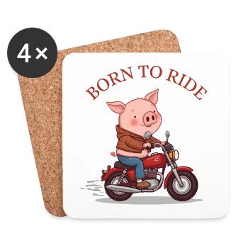 Cartoon Schwein auf Motorrad – Born to Ride - Untersetzer (4er-Set) - Weiß - Vorne