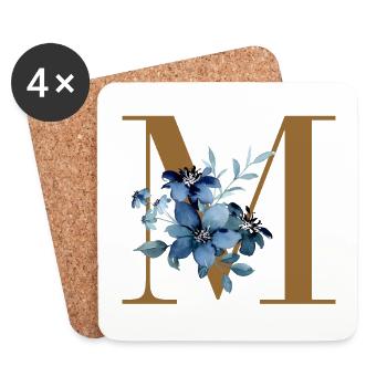Monogramme M à fleurs bleues - Dessous de verre (lot de 4) - blanc - Devant