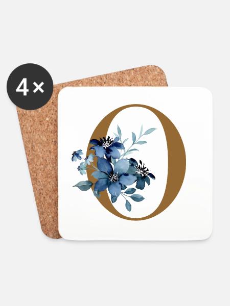 Florales O – Goldener Buchstabe mit Blüten - Untersetzer (4er-Set) - Weiß