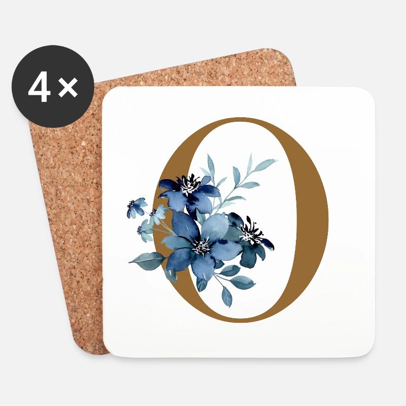 Florales O – Goldener Buchstabe mit Blüten - Untersetzer (4er-Set) - Weiß