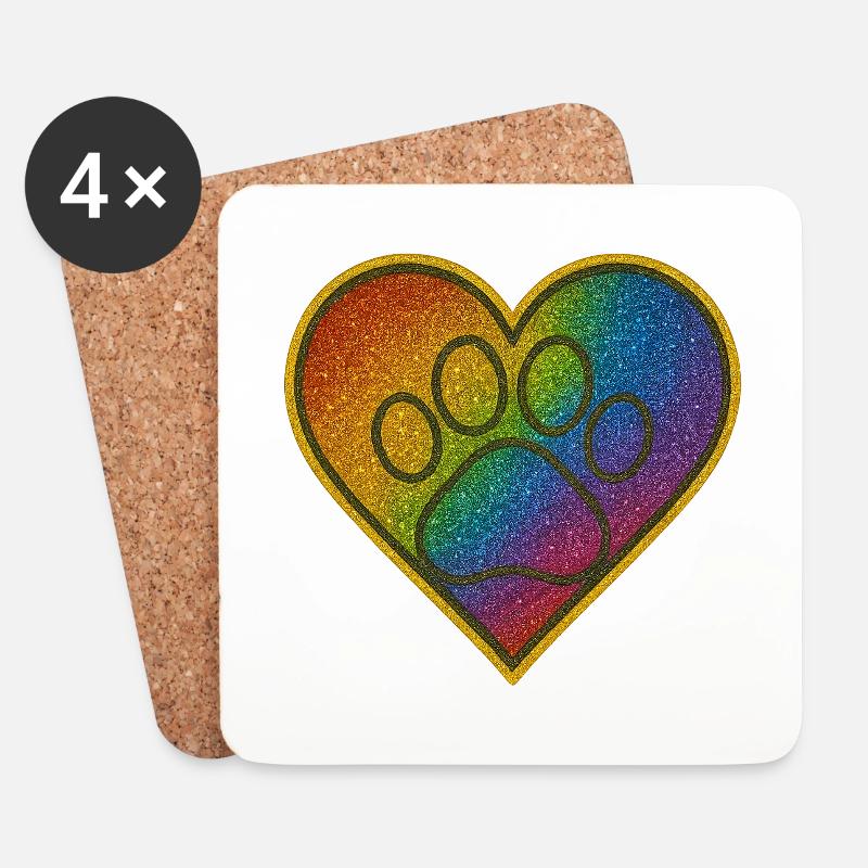 Regenbogen Herzenspfote Glitzer - Untersetzer (4er-Set) - Weiß