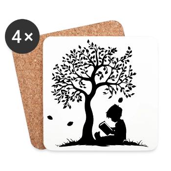 Child Reading Under Tree - Coasters (set of 4) - white - Front