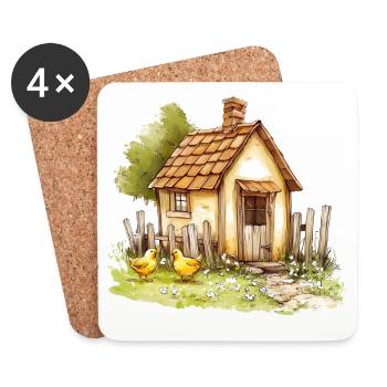 Small Country House Chickens Watercolor Painting - Coasters (set of 4) - white - Front