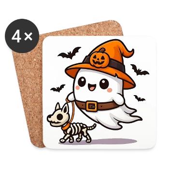 Ghost Walks with Skeleton Dog Halloween Shirt - Coasters (set of 4) - white - Front