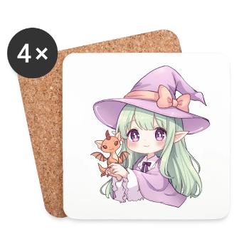 Kawaii Anime Witch with Dragon - Coasters (set of 4) - white - Front