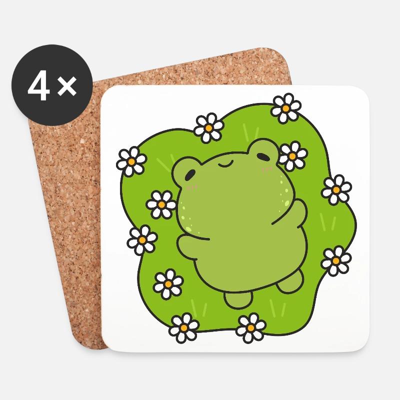 Kawaii-Frosch mit einem blumigen Herz - Untersetzer (4er-Set) - Weiß