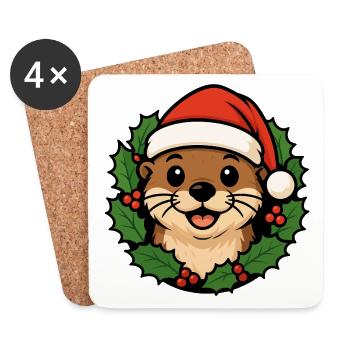 Loutre de Noël - Dessin animé animalier de Noël drôle - Dessous de verre (lot de 4) - blanc - Devant