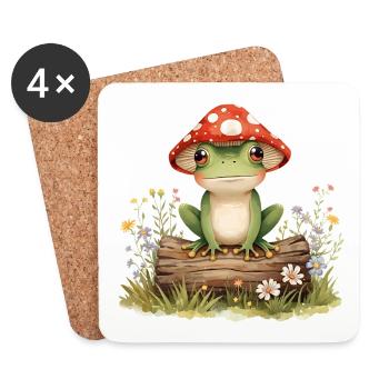 Watercolor frog with mushroom hat on tree trunk - Coasters (set of 4) - white - Front
