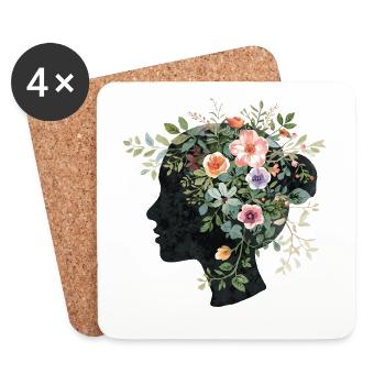 Woman head silhouette with floral wreath - Coasters (set of 4) - white - Front