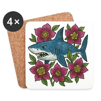 Shark among Crimson Blossoms - Coasters (set of 4) - white - Front