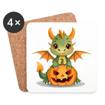 Mignon dragon vert avec citrouille d’Halloween - Dessous de verre (lot de 4) - blanc - Devant