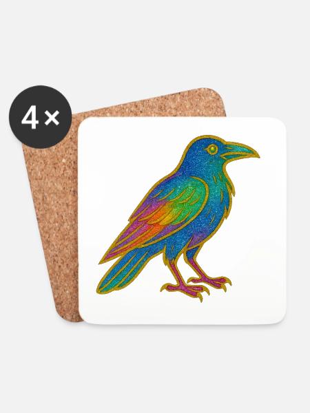 Rabe | Krähe | Regenbogen Vogel Glitzer Patch - Untersetzer (4er-Set) - Weiß