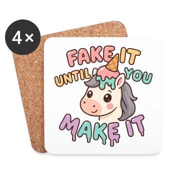 Licorne kawaii motivation drôle – Fake it until yo - Dessous de verre (lot de 4) - blanc - Devant