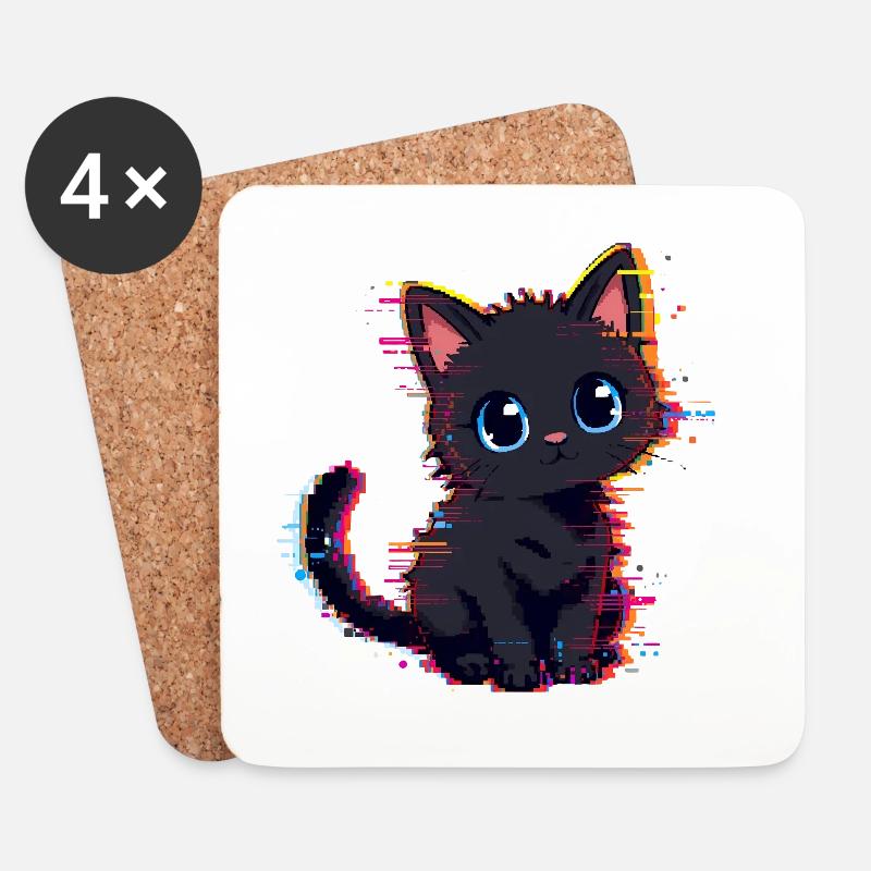Neon Glitch Schwarze Katze Niedlich - Untersetzer (4er-Set) - Weiß