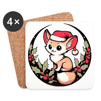 Kawaii Fox in Holly Circle Santa Hat - Coasters (set of 4) - white - Front