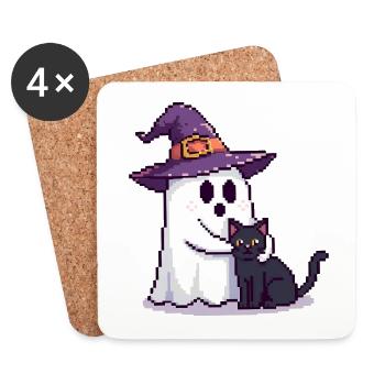 Pixel Ghost with Witch Hat & Cat – Halloween - Coasters (set of 4) - white - Front