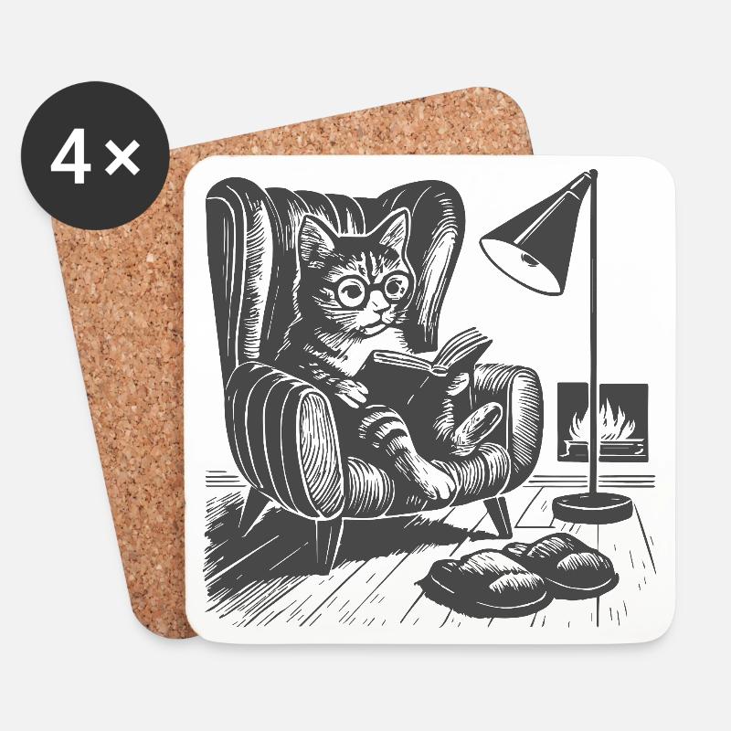 Katze im Wohnzimmer beim Lesen - Untersetzer (4er-Set) - Weiß