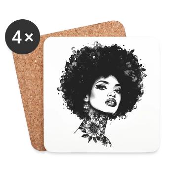 Tatouage Floral Afro Portrait Femme Monochrome - Dessous de verre (lot de 4) - blanc - Devant