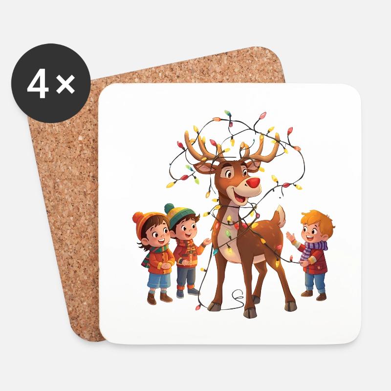Rentier mit Lichterkette und Kindern - Untersetzer (4er-Set) - Weiß
