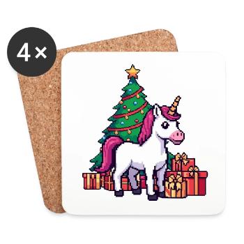 Pixel Einhorn & Weihnachtsbaum Retro Kunst - Untersetzer (4er-Set) - Weiß - Vorne