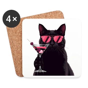 Black Cat with Pink Martini Cartoon - Coasters (set of 4) - white - Front