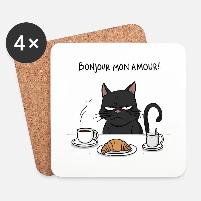 Funny Cat Breakfast Bonjour Mon Amour - Untersetzer (4er-Set) - Weiß
