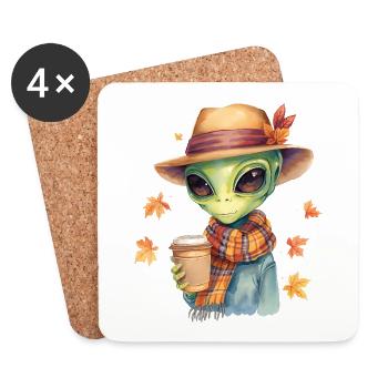 Hipster Alien with Coffee – Autumn Vibes - Coasters (set of 4) - white - Front
