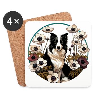 Border Collie en cercle floral - Dessous de verre (lot de 4) - blanc - Devant