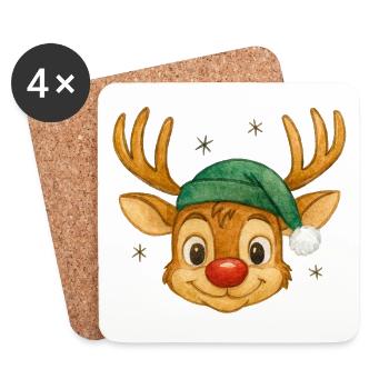 Renne avec chapeau de Père Noël - Dessous de verre (lot de 4) - blanc - Devant