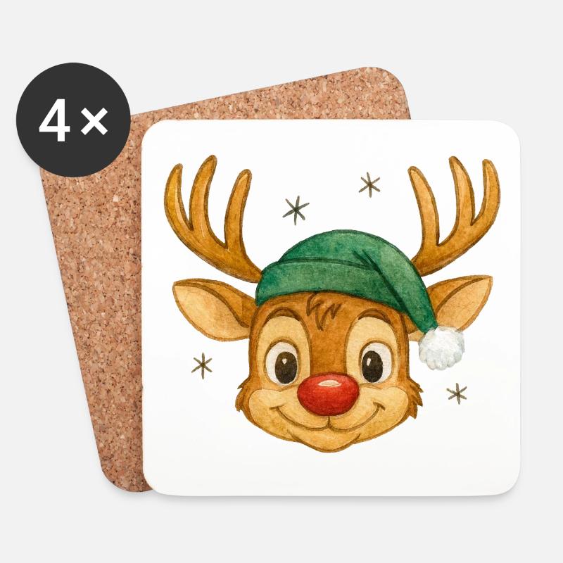 Rentier mit Weihnachtsmütze - Untersetzer (4er-Set) - Weiß