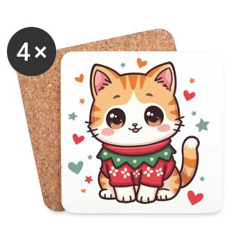 Chat de Noël - Dessous de verre (lot de 4) - blanc - Devant