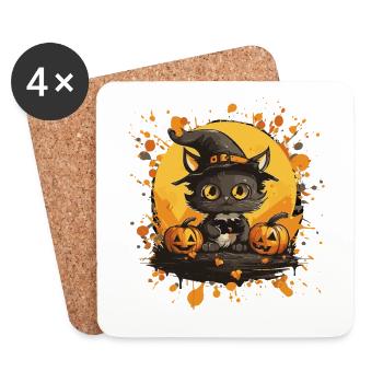 Chat d’Halloween avec citrouille - Dessous de verre (lot de 4) - blanc - Devant
