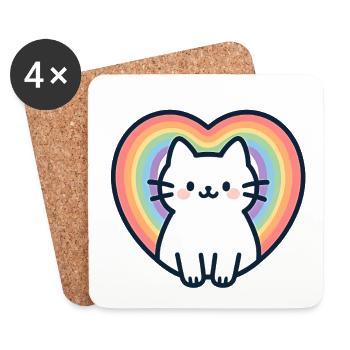 Kawaii Regenbogen Herz Katze - Untersetzer (4er-Set) - Weiß - Vorne
