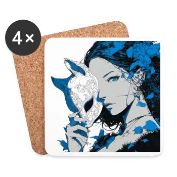 Portrait de masque bleu de jeune femme avec des fleurs - Dessous de verre (lot de 4) - blanc - Devant