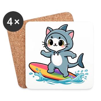 Haikatze auf Regenbogen-Surfbrett - Untersetzer (4er-Set) - Weiß - Vorne