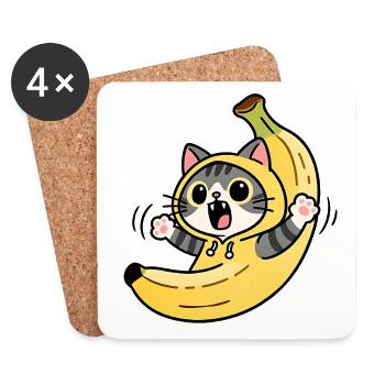 Chat Banane Kawaii - Dessous de verre (lot de 4) - blanc - Devant