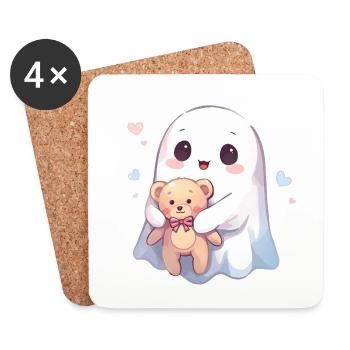 Kawaii Ghost with Teddy Bear and Hearts - Coasters (set of 4) - white - Front